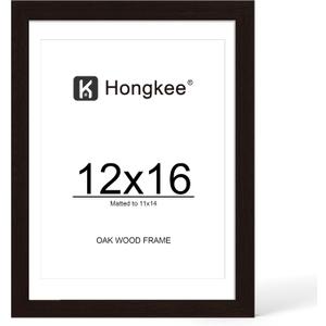 Hongkee 12x16 Oak Wood Picture Frame, Display Photos 11 x 14 with Mat or 12 x 16 without Mat - Tempered Glass Cover, Horizontal and Vertical Display for Wall Mounting (Black, Set of 1)