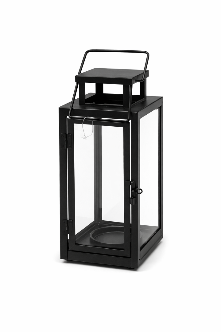 Metal Candle Lantern 12'' High Decorative Outdoor Lantern Hanging Lantern with Tempered Glass for Christmas Home Decor Living Room Parties Events Tabletop Indoors Outdoors (Black Matte)