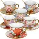 Tea Cups and Saucers Set of 6, 8 OZ Ceramic Tea Cups with Saucers Vintage Floral Tea Cup Set for Cappuccino, Macchiato, Afternoon Tea Birthday Party Supply Thanksgiving Day Halloween gifts