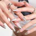 GLAMERMAID 20 Pcs 3D Luxury Handmade Press on Nails Long Almond, Nude Acrylic Fake Nail with Rhinestones Charms, Silver Chrome False Nails Artificial Stick Glue on Nails, Size M