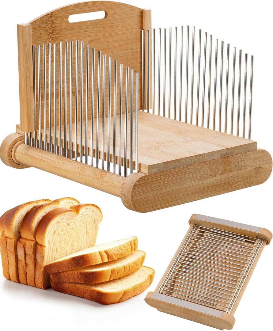 NiHome Bamboo Bread Slicer for Homemade Bread with Stainless Steel Guides, Adjustable Thickness for Toast & Sandwiches, Foldable Compact Sourdough Wood Cutting Board