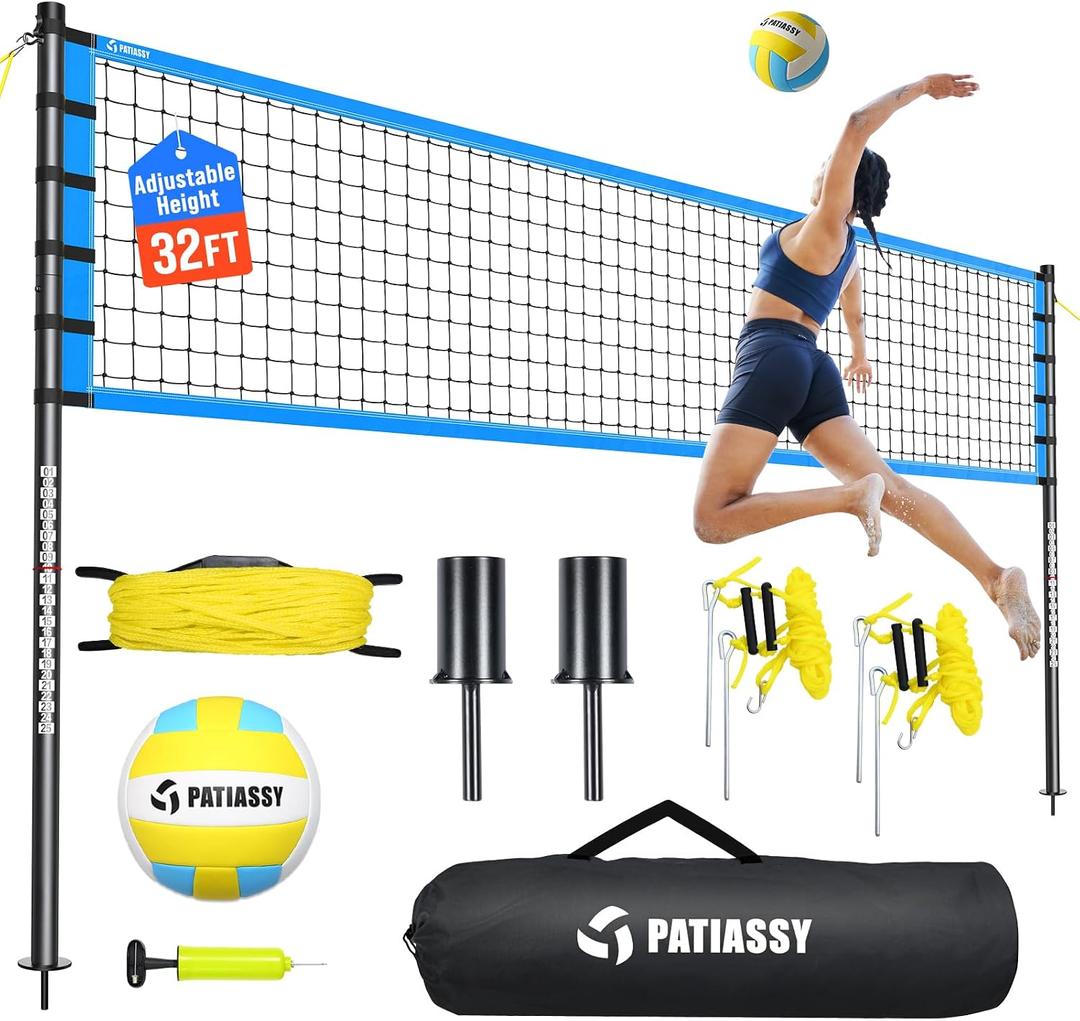Outdoor Volleyball Net Set for Backyard & Beach, 32FT Regulation Size, Easy Setup Adjustable Height Poles, Portable Net System with PU Volleyball, Pump & Carry Bag
