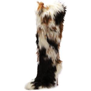 FancyQueen Faux Fur Boots for Women Knee High Furry Heel Boots Fashion Pointed Toe Snow Winter Boot Warm Women Boot (8, White)