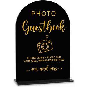 Acrylic Wedding Sign, Bridal Shower Decorations, Photo Guestbook Sign for Ceremony, Modern Font Table Signs, Acrylic Table Top Signs for Wedding Reception and Event Party (Black Gold)