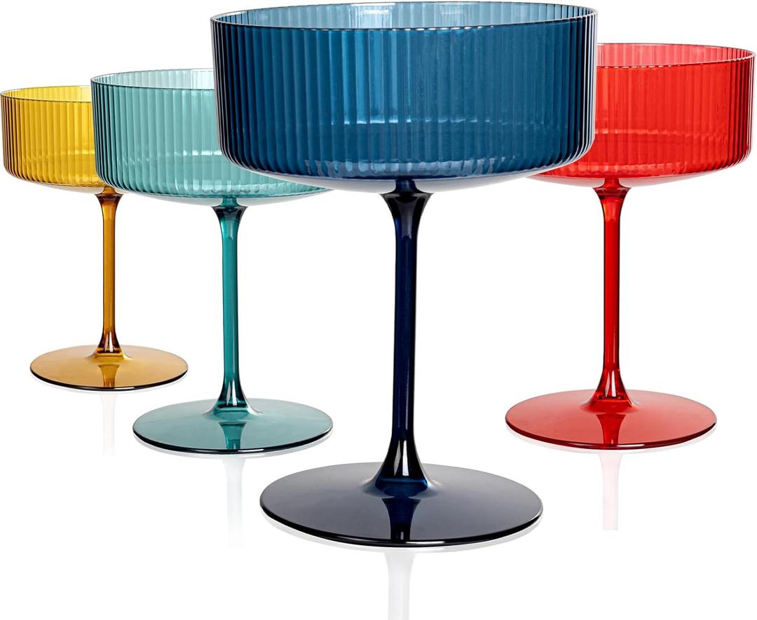 Ciaell 12PCS Plastic Ribbed Martini Glasses - 10 Oz Colored Disposable Coupe Glasses with Stem - Heavy Duty Margarita Cups for Bars, Cocktails, Whiskey, Parties & Wedding