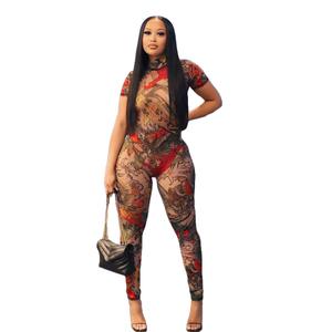 AIBEARTY Women's Printed Sheer Mesh Short Sleeve One Piece Jumpsuit Sexy See Through Backless Bodycon for Party Club (S)