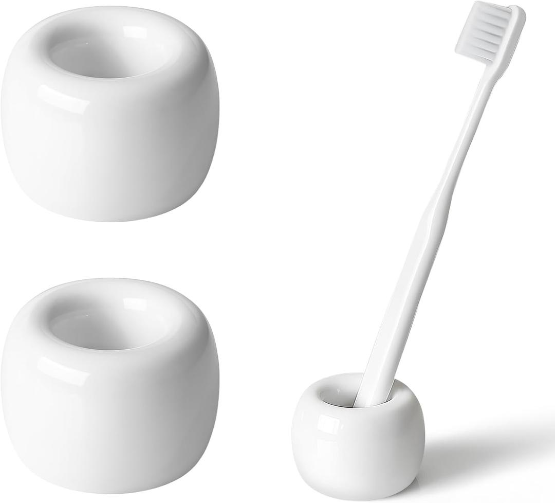 AirMoon Mini Ceramic Toothbrush Holder for Bathroom - White Small Countertop Organizer, Easy Clean Toothbrush Stand, Suit for Electric Toothbrush Head, Pens & Coffee Spoon, Pack of 2