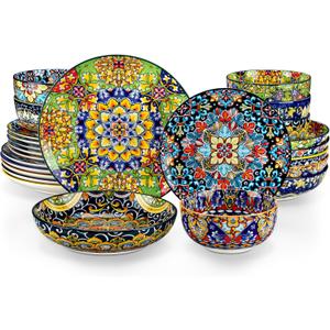 vancasso 24 Pieces Dinnerware Sets, Plates and Bowls Set, Porcelain Dishes Set for 6, Microwave and Dishwasher Safe, Scratch Resistant, Bohemian Style Dining Ware Service for 6, Series SIMI
