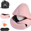 Travel Pillow - Hooded Neck Pillow Airplane Memory Foam Filling for Plane, Office, Cars Sleeping, Road Trip, Long Flights, Airplane Travel Essentials, Includes Eye Mask & Earplugs (Pink)