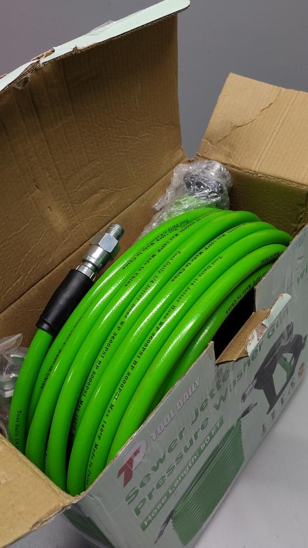 Tool Daily Sewer Jetter Kit for Pressure Washer 100 FT, Short Power Washer Gun, Drain Cleaner Hose 1/4 Inch NPT, Corner, Rotating and Button Nose Sewer Jetting Nozzle, 3600 PSI