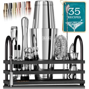 BARE BARREL Mixology Bartender Kit Bar Set | 14-Piece Cocktail Shaker Set | Martini Barware Mixing Tools for Home Bartending | 35 Recipe Cards | Gift Set (28oz Boston Shaker, Silver/Black)