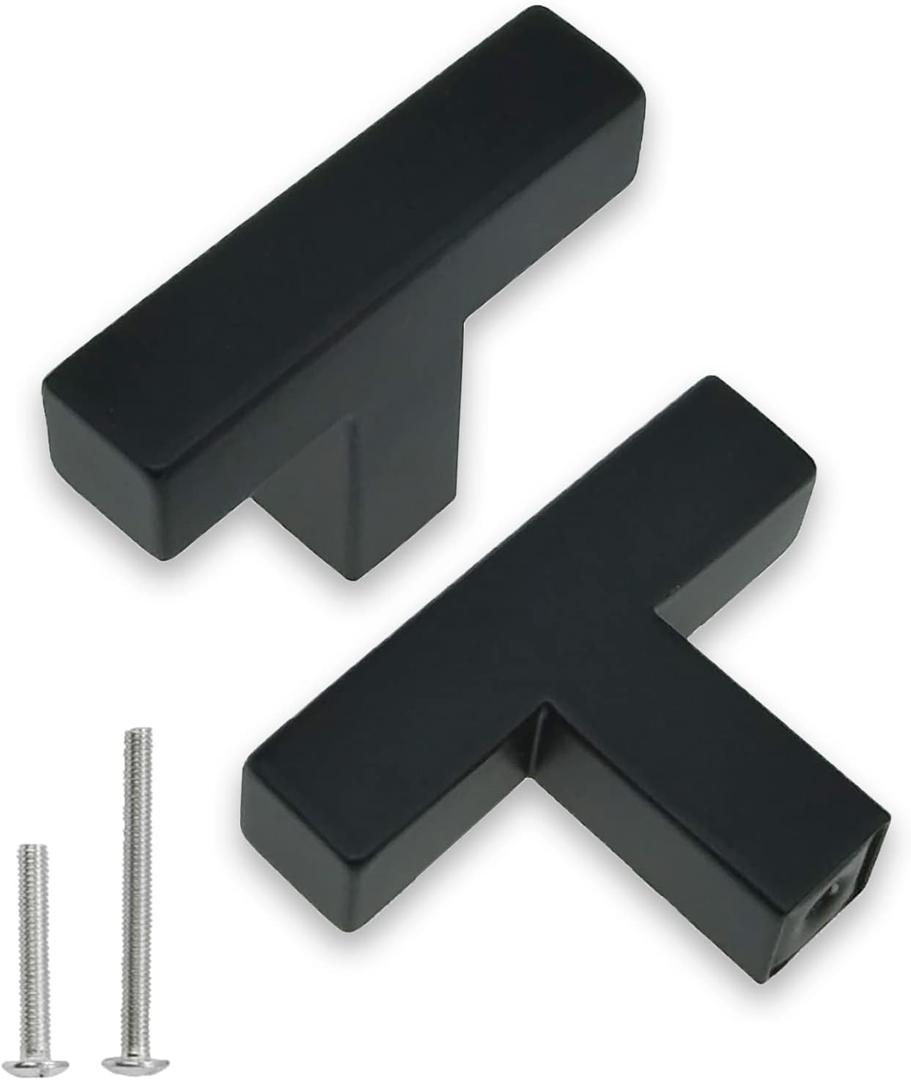 Hardware Handle, 2 Pack Square T-Shaped Cabinet Pulls, Matte Black, Stainless Steel, 1.9 inches, Cupboard Cabinets Drawer Knobs (Single Hole (0 inch Centers/0mm))