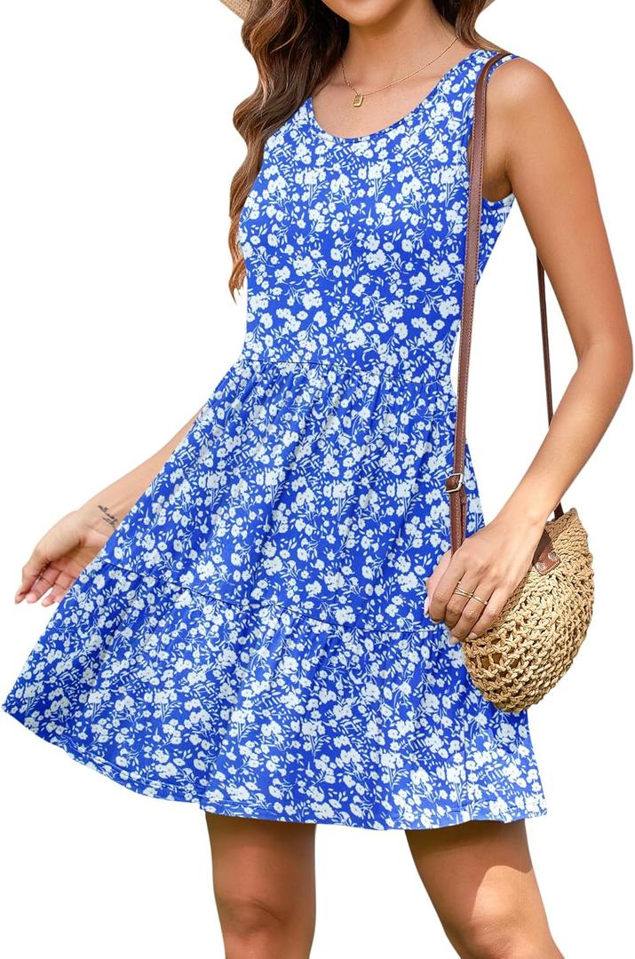AUSELILY Womens Summer Dress Casual Sleeveless Crewneck T Shirt Sundress Flowy Tiered Swing Mini Dresses (Blue, XL)