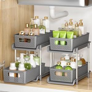 RIKOJUXI Bathroom Organizer with Dividers, 2Pcs 2 Tier Stackable Under Sink Organizers and Storage Cabinet Organizers for Bathroom Kitchen Pantry Organization and Storage, Medicine Cabinet Organizer