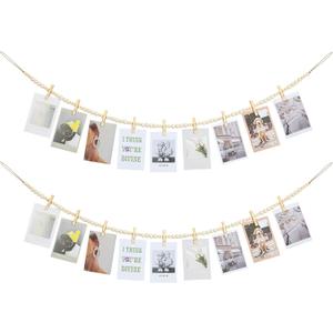 KLOGTSIND Hanging Photo Display Wall Decor, 2PCS Boho Wooden Bead Garland Collage Picture Frame with 9 Wood Clips for Bedroom, Living Room, Office, Dorm Decor, Photos Holder Teen Girl Gifts (Nature)