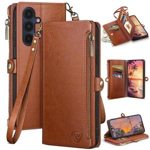 XcaseBar Compatible with Samsung Galaxy A16 5G Wallet case with Zipper Credit Card Holder【RFID Blocking】,Flip Folio Book PU Leather Phone case Shockproof Cover Women Men for A16 case Light Brown