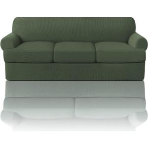 PrinceDeco T Cushion Sofa Slipcover 4 Pieces Sofa Covers for T Cushion Couch Soft Sofa Slip Covers Furniture Protector with 3 Individual T Shape Seat Covers(72"-90"), Bronze Green