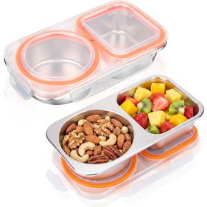 Blushtier 2 Pack Stainless Steel Snack Containers with Lids, 13.5 oz 2 Compartment Reusable Metal Snack Boxes, Leakproof Divided Food Storage Containers for Travel Office (Orange)