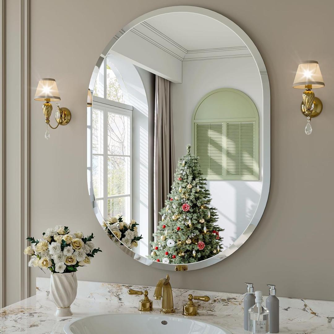 Frameless Oval Mirror, 22"x30" Beveled Oval Bathroom Vanity Mirrors for Wall, Wall Mounted Mirror for Bedroom, Entryway, Living Room, Hangs Horizontally or Vertically