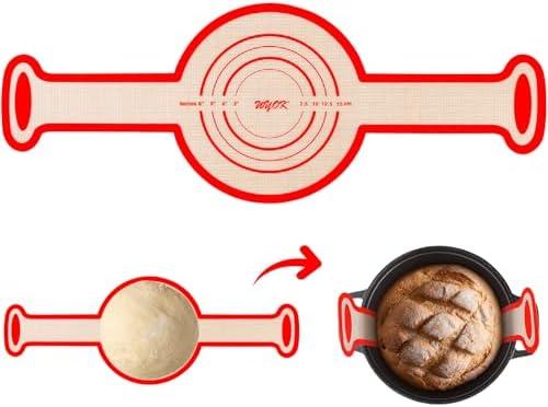 Upgraded Silicone Bread Sling Dutch Oven Liners Sourdough Baking Supplies Reusable Non-Stick Bread Mat Cast Iron Sheet Extra Long Handles Larger Size 8.6 Inch Diameter (Red, 1)