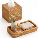 Teenyyou 2 Pcs Rattan Toilet Vanity Tray & Square Tissue Box Cover Set, Handwoven Natural Wicker Countertop Organizer, Decorative Storage for Bathroom, Bedroom, Kitchen & Office(Natural Color)