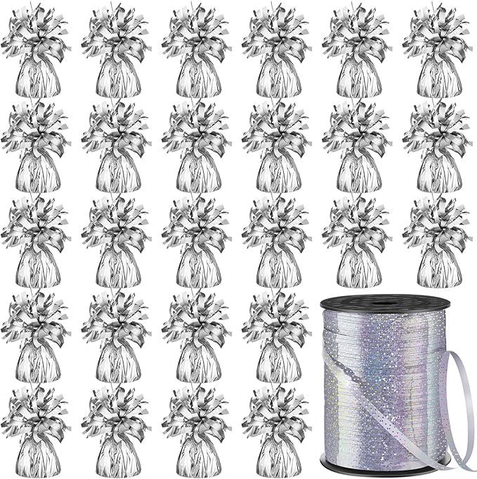 Yunsailing 9 Pcs Balloon Weights Metallic Anchor Balloon Holder for Helium Balloons Heavy Table Weights and 1 Roll Iridescent Crimped Ribbon for Birthday Wedding Baby Shower Party(Dazzling Colors)