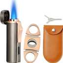 420 Carbon Steel Cutter and Torch Lighter Set, Built-in Punch, Triple Jet Flame Butane Lighter, Refillable Windproof Gas Lighter. Grey. (Sold Without Gas)
