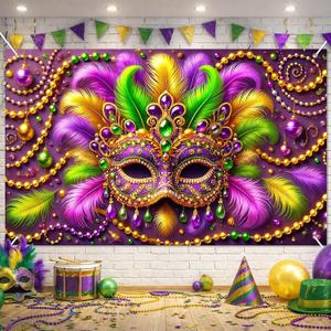 Mardi Gras Backdrop Banner Carnival Masquerade Photography Backgrounds Mask Colorful Backdrop Party Decoration Banner Studio Props for Wedding Bachelorette Party Decorations Banner 6x4ft (Feathered Mask#002)