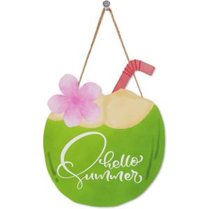 2 x Hello Summer Coconut & Flower Door Decor Sign - Wooden Welcome Home & Office Wall Art, 11.8x9.3" Hanging Plaque for Seasonal Celebration