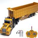 RC Dump Truck with Trailer - 14" 1:48 Mini Semi Truck Toy with 2 Rechargeable Batteries, Remote Control Car Construction Vehicles with Lights, Engineering Tractor Toy for 3 4 5 Years Kids Boys Girls