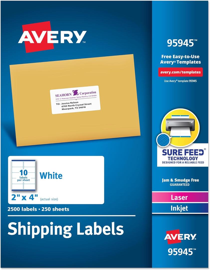 Avery Printable Shipping Labels, Sure Feed Technology, 2" x 4" Customizable Stickers, White, 2,500 Blank Mailing Labels, Great for Mailing, Shipping, and More (95945)