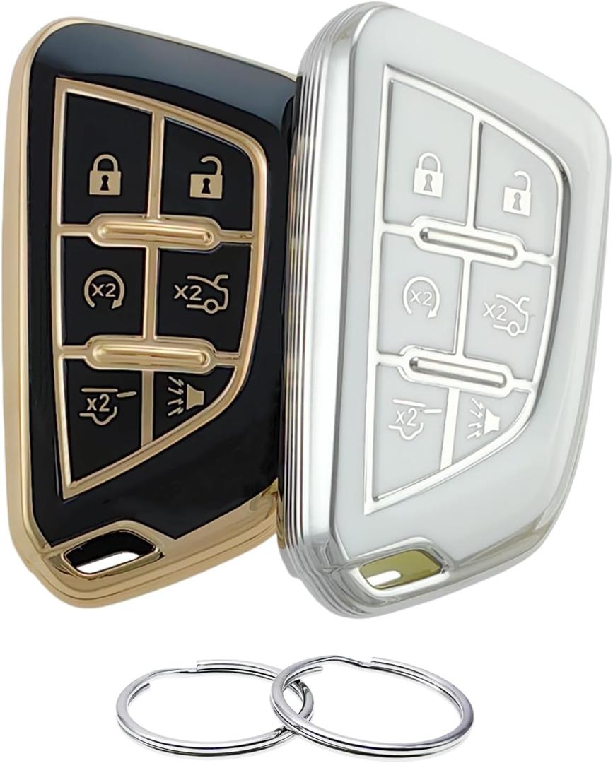 REPROTECTING TPU Key Fob Cover Compatible with Cadillac Escalade Escalade ESV (6 Buttons) (Black/Silver-White)