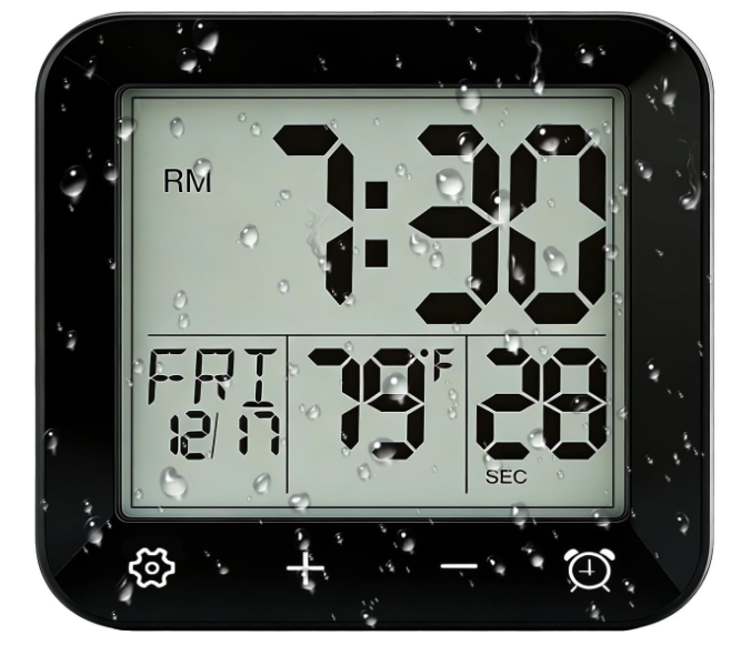 onannos Digital Waterproof Shower Clock, Bathroom Kitchen Clock with Countdown Timer, Wall Clock with Large LCD Display, Temperature, Touch Button, Suction, Hanging Hole, Battery Operated I Black