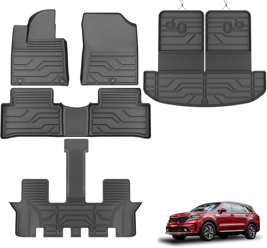 KARPAL Floor Mats for Kia Sorento 2021-2026 6&7 Seats (Not Fit Hybrid), TPE All-Weather Custom Fit Floor Liners, 1st & 2nd & Backrest mat & Trunk Mat Full Set, Kia Sorento Accessories