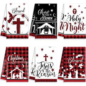 Oudain Sets of 6 Christmas Kitchen Towels Nativity Scene Cross Winter Hand Towels Kit Buffalo Plaid Jesus Dishcloths Christmas Kitchen Decor Novelty Christ Gifts for Xmas Party Home Farmhouse Supplies