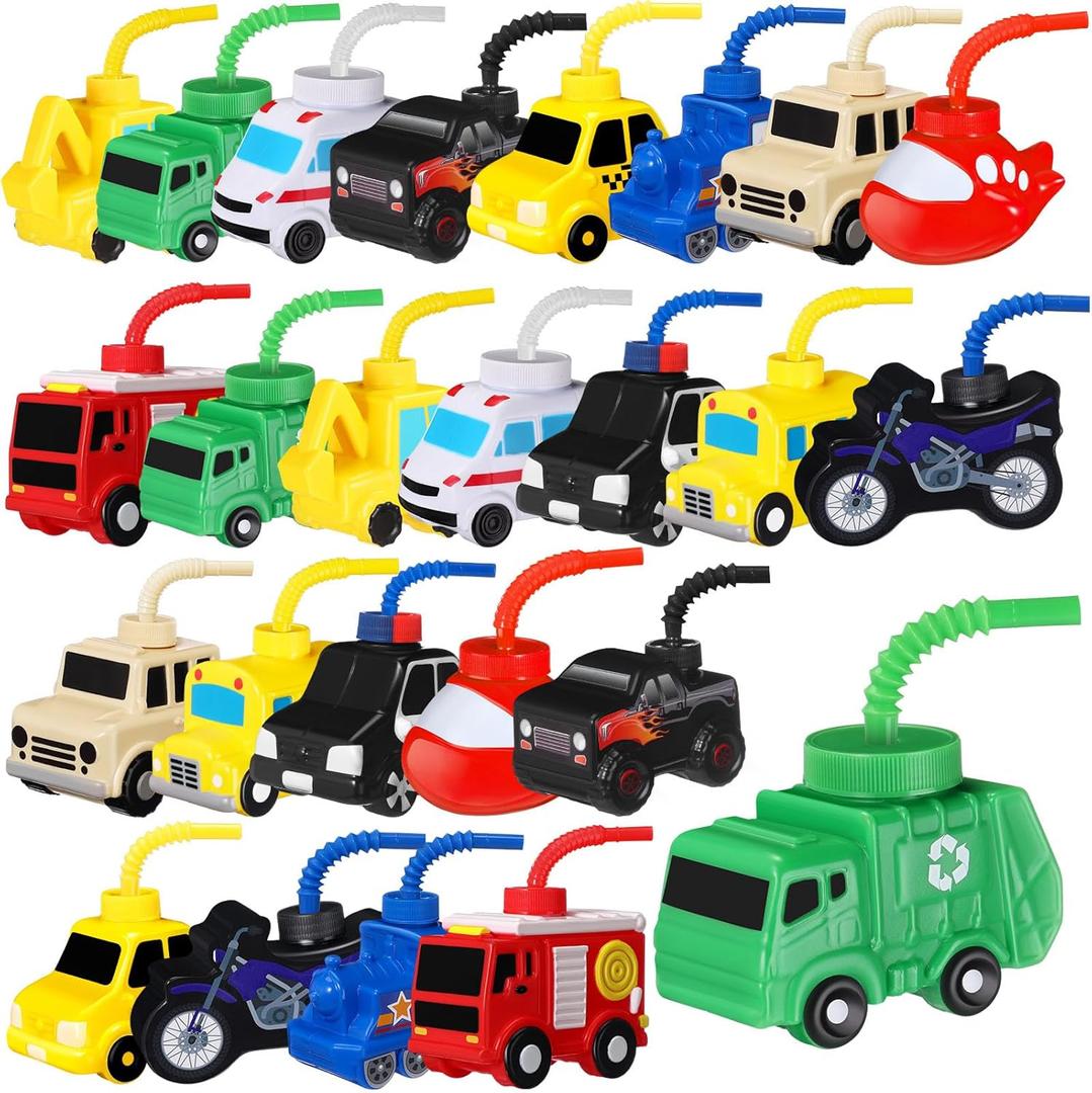 24 Pcs Truck Traffic Vehicle Cups with Straw, 10 oz Plastic Race Transportation Shape Cup Include Fire Truck, Excavator, Police Car, Motorcycle Construction Birthday Party Favor for Kids Car Lovers