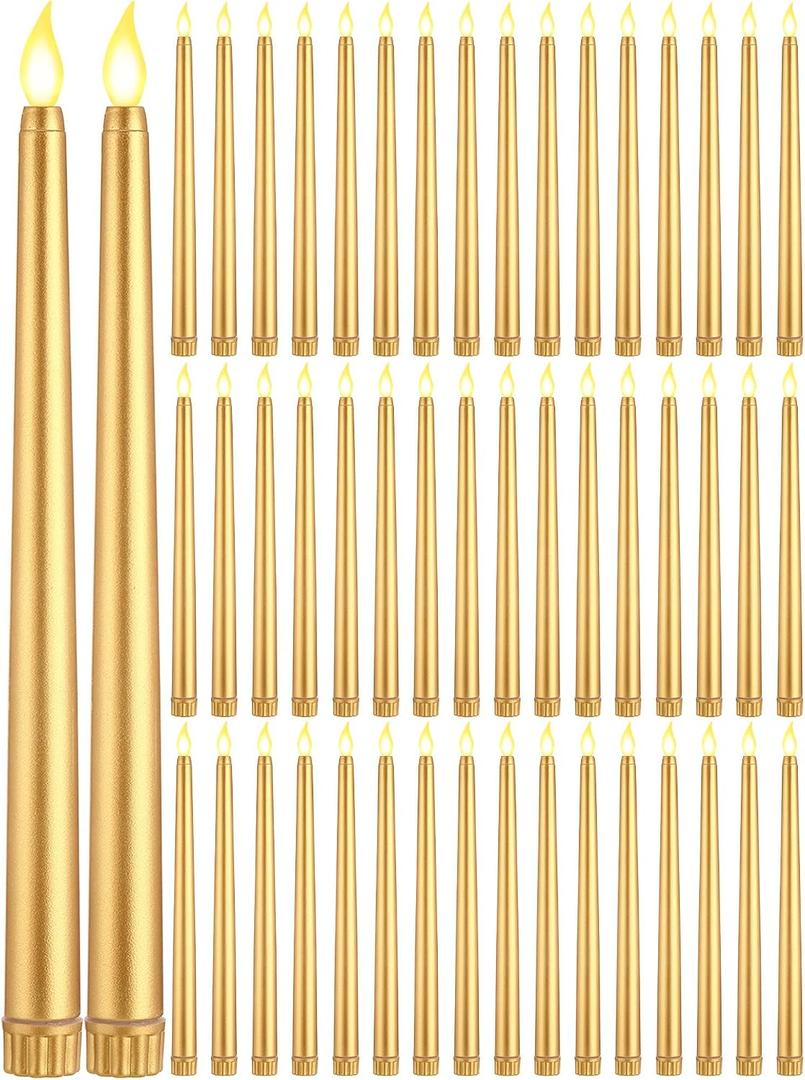 Funtery 48 Pcs Flameless LED Taper Candles Battery Operated Candles Bulk Realistic LED Candlesticks Flickering for Wedding Church Graduation Party Home Decor(Gold,Classic Style)