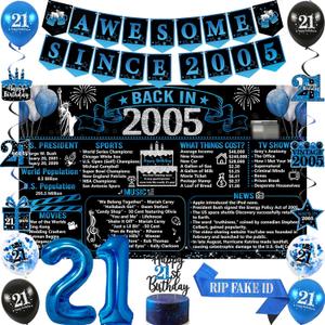 Trgowaul 21st Birthday Decorations for Him, Black Blue Back in 2005 Birthday Party Supplies, Blue Vintage 2005 Banner, Rip Fake Id Sash, 21st Cake Topper, Latex Balloons, 21 Year Old Set for Boys