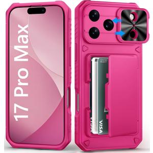 For iPhone 17 Pro Max Wallet Case with Card Holder (4-5 Cards), Slide Camera Cover, Military Drop Protection, Rugged Women Girly Men Protective Phone Case for iPhone 17 Pro Max 6.9", Hot Pink