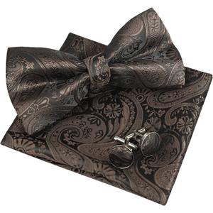 3 x Alizeal Mens Paisley Bow Tie, Pocket Square, Cufflinks Set (Brown)