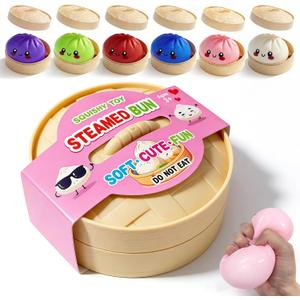 Dumpling Squishies,3.4inch Colorful Dumpling Stress Balls, Fidget Sensory Toy, Squeeze Dough Ball Stress Relief Hand Toys with Food Steamer, Dumpling Squishy Mystery Box, 6 Colors Random(1pack)