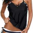 Dokotoo Womens 2024 Fashion Stripes Print Lined Up Double Up Tankini Sets Swimsuits Bathing Suit Swimwear (S-3XL) Medium