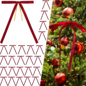 24Pcs Red Velvet Christmas Tree Bows Ornaments Vintage Velvet Ribbon Bows for Tree Garland Wreath Indoor Outdoor Christmas Decor Xmas Decorations 3/8" Wide, 5 * 7 inch