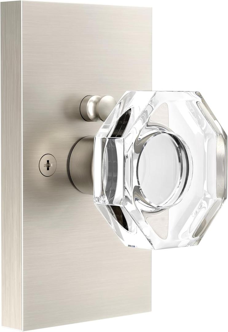 Matte Black Door Knobs Crystal Door Knob Interior with Lock, Privacy Octagon Glass Door Knob for Bed and Bathroo, 1 Pack (Brushed Nickel-Glass)