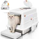 Stainless Steel Cat Litter Box with Lid, Enclosed Extra Large Metal Litter Pan for Big Cats, Full Flip Cover High Sided LitterBox Include Scoop, Easy Cleaning, Non-Stick, White