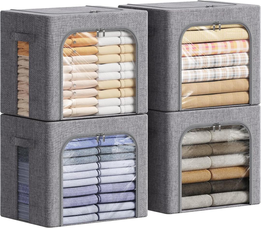 Lifewit Clothes Storage Bins with Metal Frame, Stackable Storage Box, Foldable Clothing Storage Bins with Lids, 40L Storage Bags Fabric Box Organizer with Clear Window＆ Zippers＆ Sturdy Handles 4 Pack