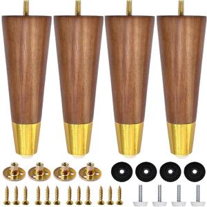 Hard Wood Furniture Legs with Gold Caps 6 Inch Mid-Century Modern Replacement Legs for Couch Dresser Cabinet Vanity Ottoman Walnut Color Sofa Legs Set of 4