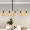 Boho Kitchen Island Light Fixture,39.4" Linear Chandelier for Dining Room,5-Light Rustic Pendant Lights Over Table,Handmade Woven Light Fixture,Farmhouse Wicker Chandeliers for Kitchen Islands