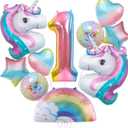 Unicorn Birthday Decorations for Girls, 10pcs Unicorn Balloons Set with Rainbow, Heart and Number 1 Foil Balloons for 1st Birthday Party Decorations