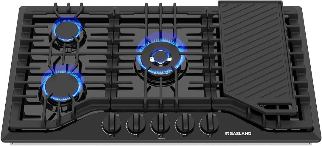 GASLAND Gas Cooktop 36 Inch with Griddle, PRO GH3365EF 5 Burner Propane Stovetop with Reversible Cast Iron Grill/Griddle, Gas Countertop Plug-in, NG/LPG Convertible Cooktops, Black